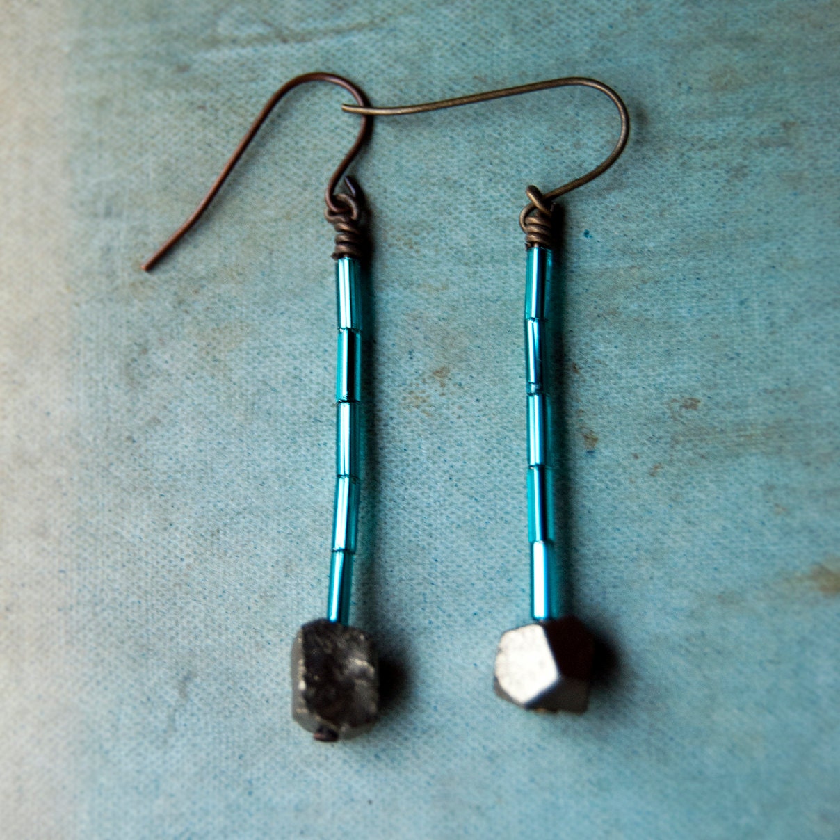 SALE Resurrection Pyrite Pendulum Glass Tube Turquoise Earrings