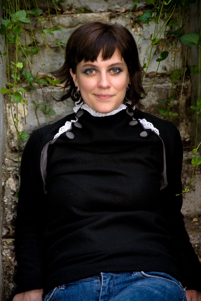 black fleece button-up cowl sweater --adjustable collar with eyelet trim. winter pullover and fleece sweater.