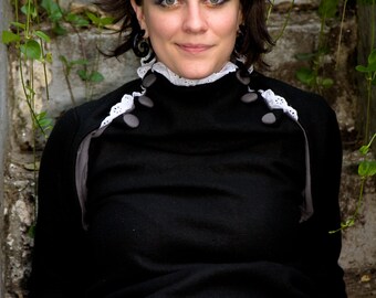 black fleece button-up cowl sweater --adjustable collar with eyelet trim. winter pullover and fleece sweater.