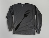 Foodie Fork Mens Tshirt in Medium or X-Large - Long-sleeve mens t shirt in Asphalt Gray : gourmet chef mens tshirt, gift for him