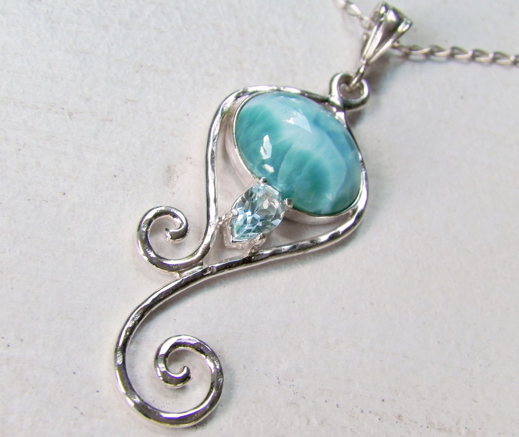 NECKLACE - Larimar Sterling Silver Swirl Necklace - Larimar Blue Topaz Necklace - Winter Blue - December Birthstone