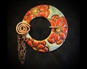 Shawl Pin: Zinnia Motif on Porcelain with Handmade Copper Pin
