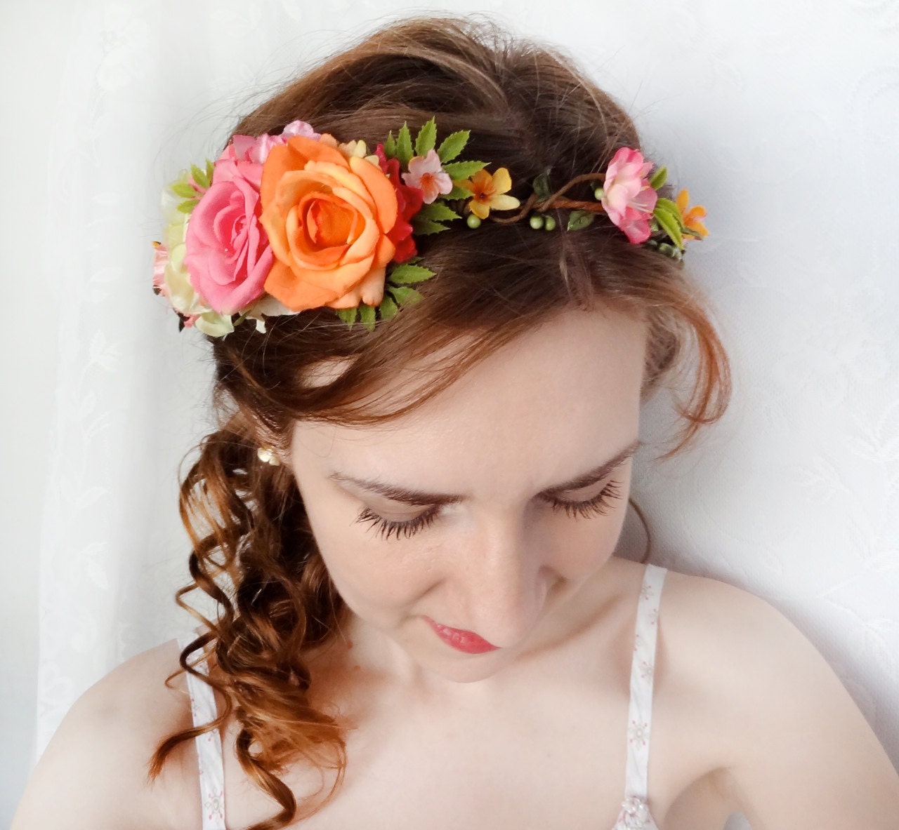 hot pink, yellow, orange flower head wreath, bridal head piece, wedding hair accessories -  BRIGHT BEAUTY- rose hair crown