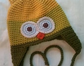 Crocheted Owl Hat Green Yellow - Baby, Toddler, Child or Preteen Size - Adult Size Must Add On