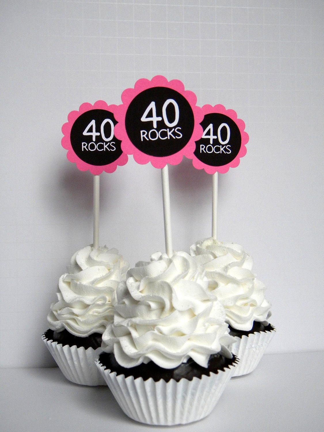 40 Rocks - 40th Birthday Cupcake Toppers, Hot Pink and Black Set of 12
