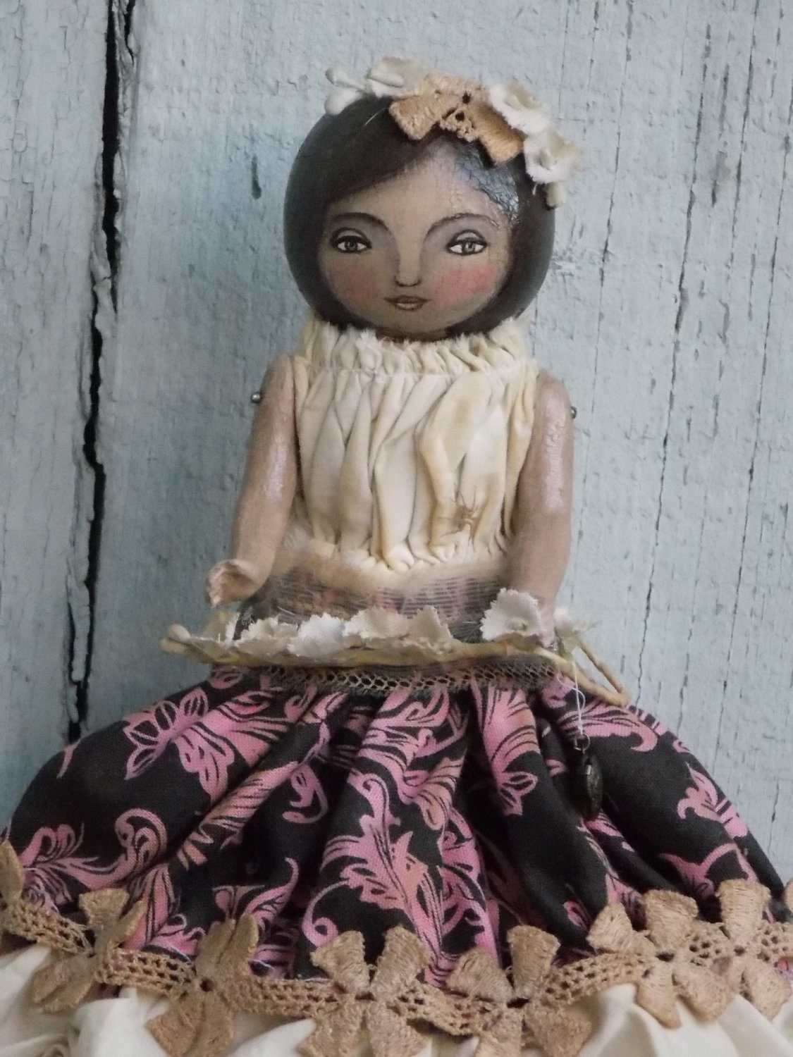 Primrose... Original, Primitive, Folk, Art Doll with vintage, porcelain doll arms