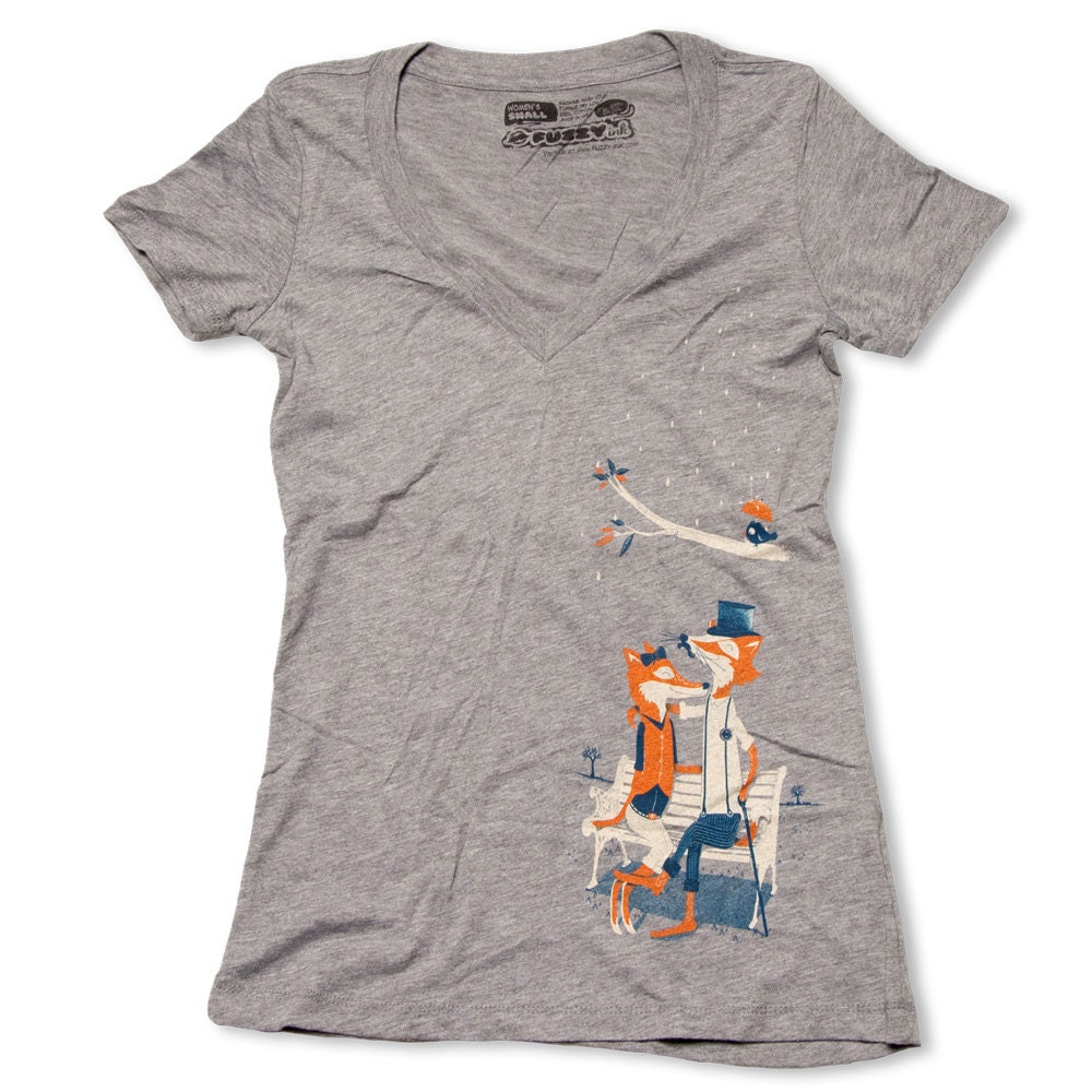 Fox Tshirt, Womens Fox Shirt, Dapper Foxes, VNeck Athletic Grey, Available S M L XL XXL