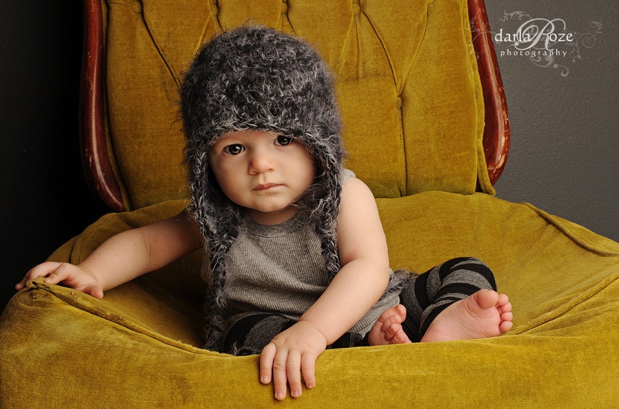 12-24 month baby boy hat black and grey fuzzy beanie