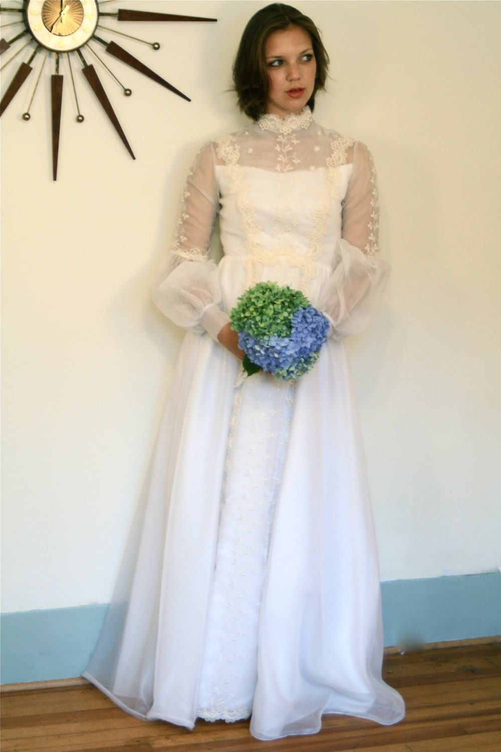 SALE 50% OFF Vintage 60s Wedding Dress Sheer Netting Applique Pearls Lace Sleeves Empire Waist Off White Renaissance Collar 1960s Gown