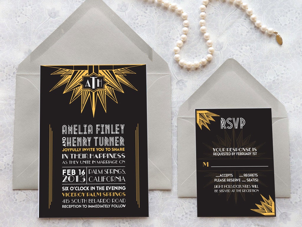 Deco Noir 1920s Starburst Monogram Black Art Deco Wedding Invitations - Deposit