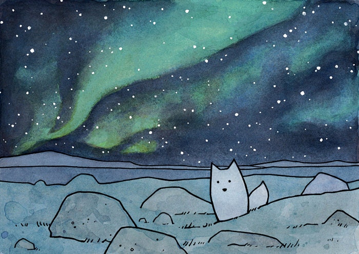Fox and Northern Lights Illustration Print 5x7