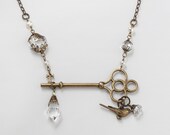 Neo Victorian necklace skeleton key vintage crystal pearls bird charm flower leaf gold filigree Gift wedding jewelry Steampunk Nation 1687