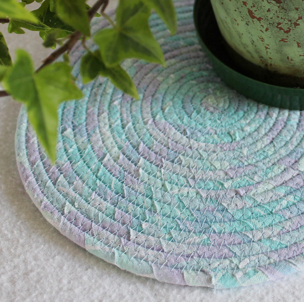 Aqua Violet Round Coiled Mat / Mug Rug / by PrairieThreads