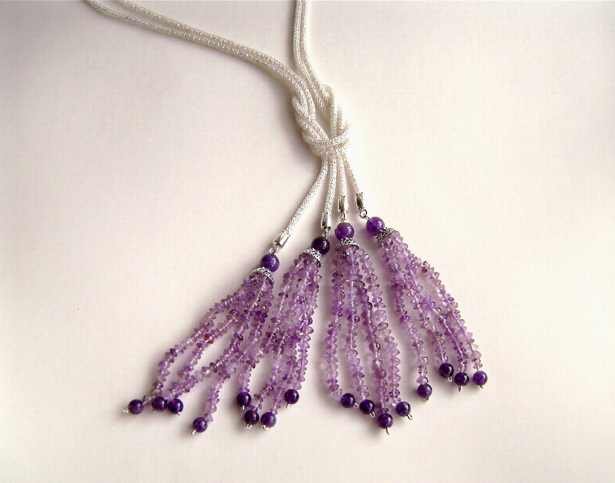 Amethyst Necklace, Tassel, Love Knot, Gemstone Jewelry, Silver, Silver Silk, Purple, Lavender, Violet,