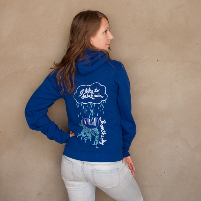 Drinking Rain Hoodie - hand printed zip-up American Apparel hoodie