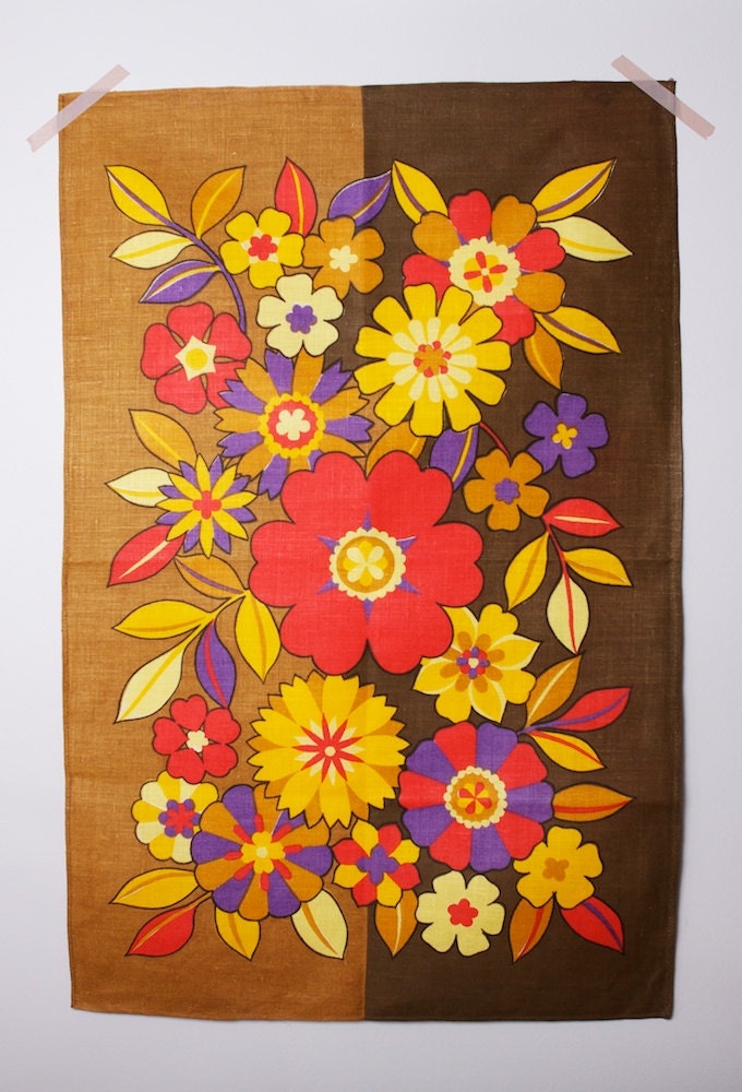 Vintage Linen Tea Towel Mid Century Brown Floral
