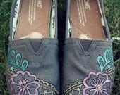 Youth - Floral Lace Grey Henna Custom Painted TOMS Shoes