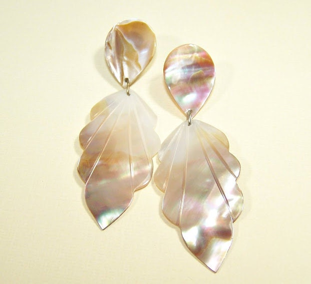 VINTAGE Mother of Pearl Long Beautiful 1970s Beach Statement Earrings