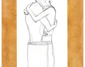 Golden hug No5 Grey pencil drawing gold acrylic - print 8x11.5 inch (21x29.5 cm)