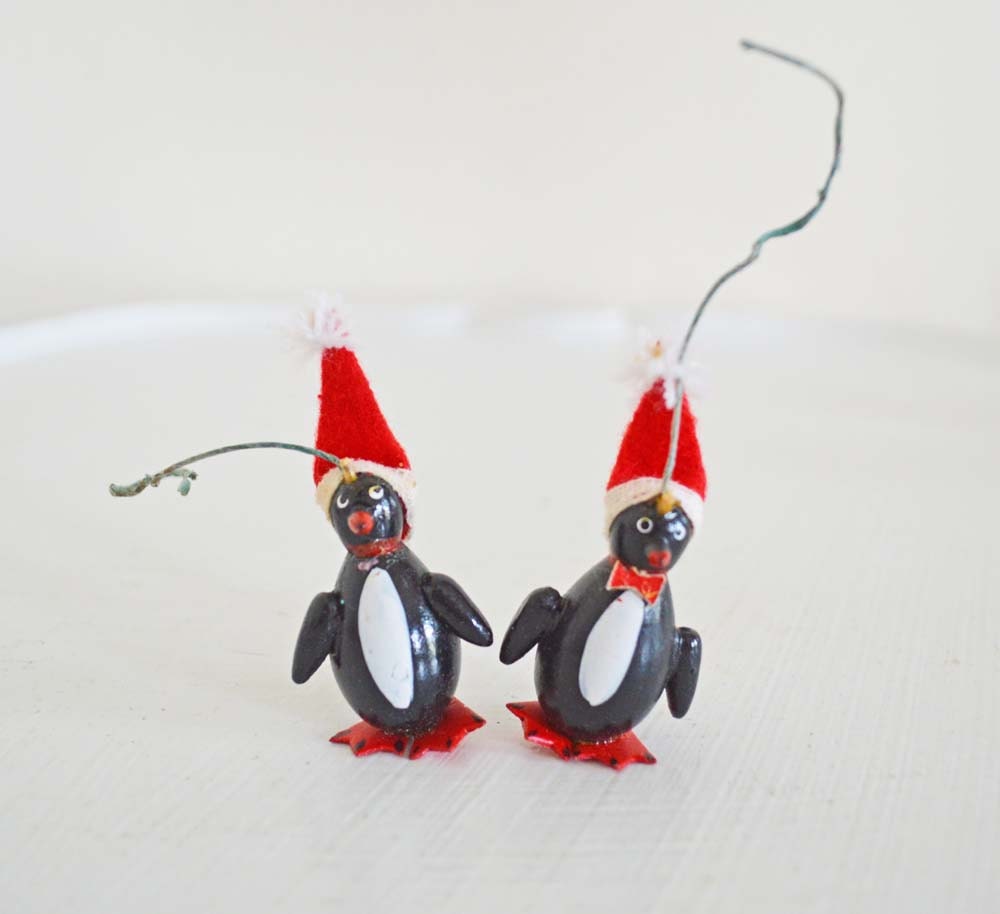 SUMMER SALE Vintage Wood Christmas Ornament Pair Penguins Red Black White Santa Hat Christmas Tree Decoration Animal Noah's Ark