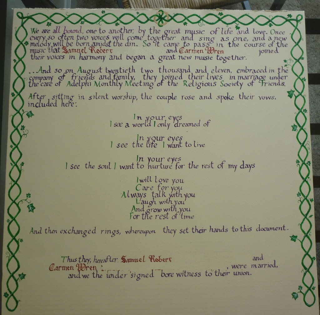 Non-Traditional Quaker wedding certificate, long text, hand calligraphy, personalized