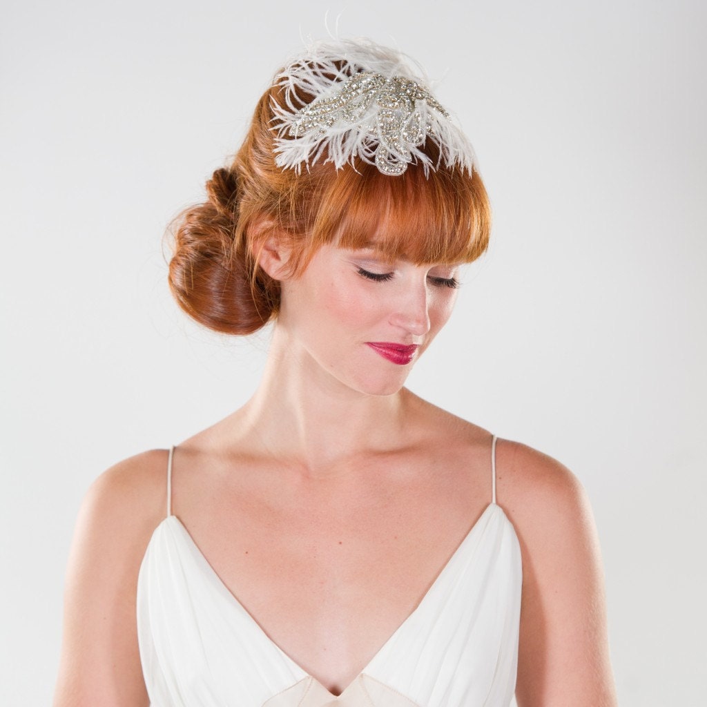 Vintage Retro Inspired Feather and Rhinestone Applique Fascinator