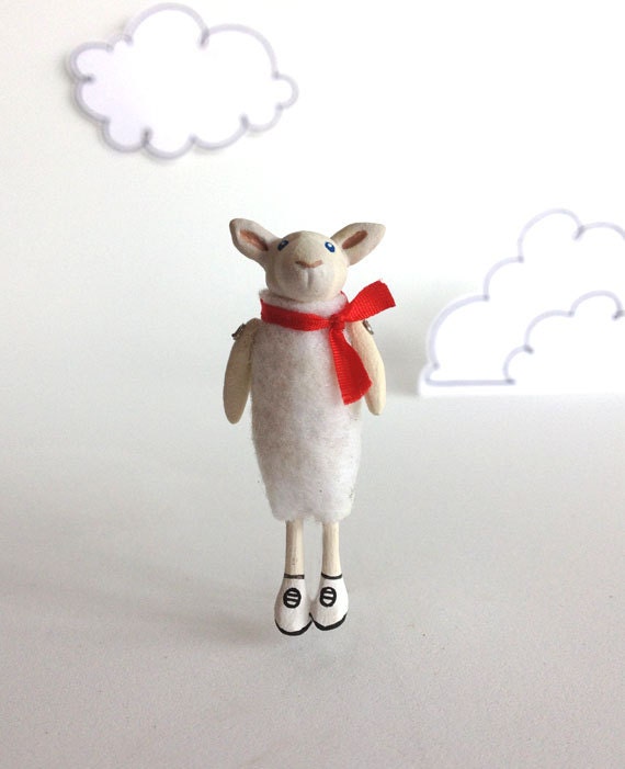White Sheep with Red Bow, Handmade, One-Of-A-Kind Jewelry by Murmur Fremo - murmurfremo