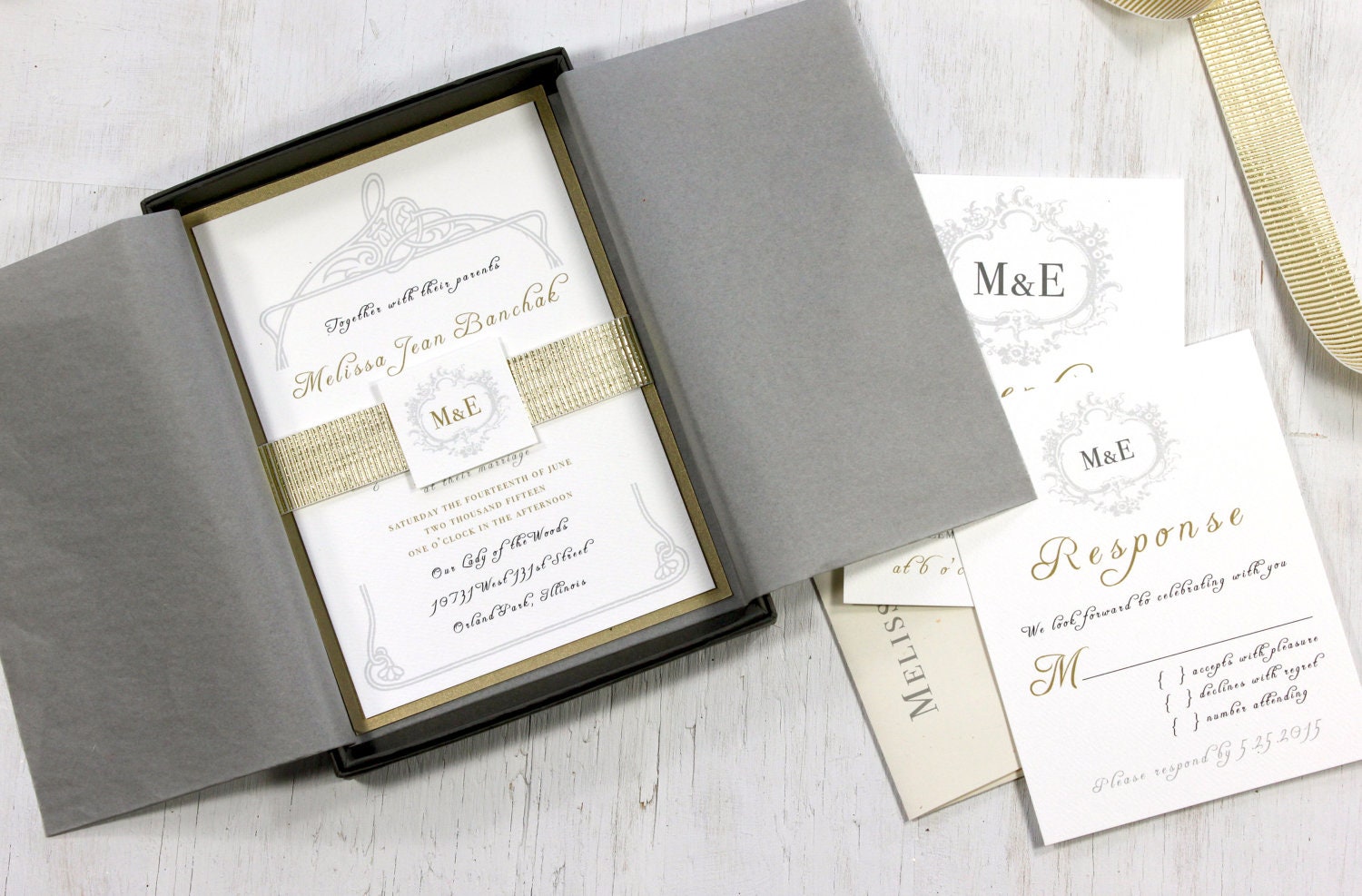 Antique Glitter - Modern & Elegant, Gray, Gold and Ivory Boxed Wedding Invitation - Purchase for a Sample