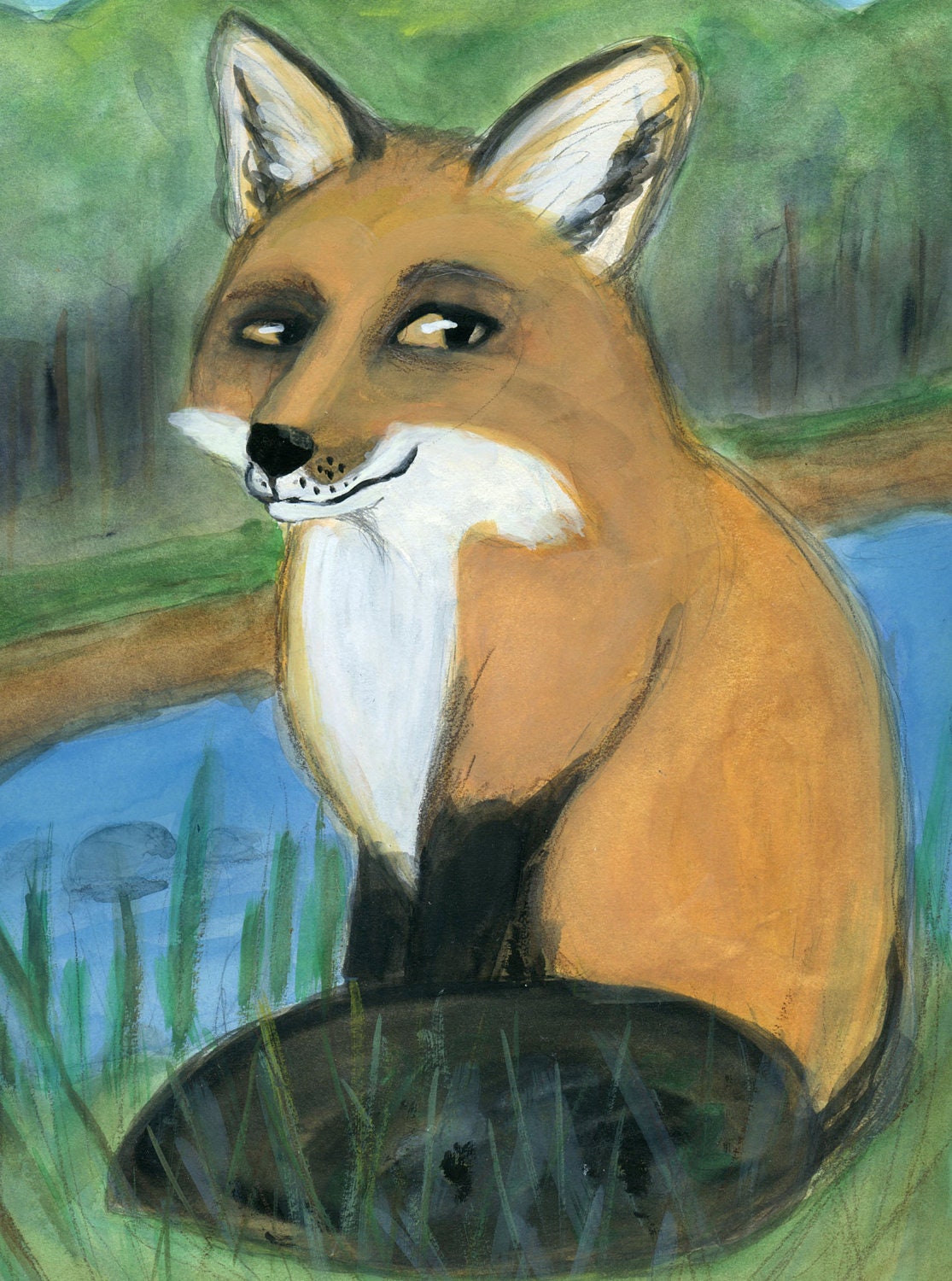 Frankie: The Sly Little Red Fox, A Folk Tale inspired animal portrait illustration art wall print, (6 x 8)