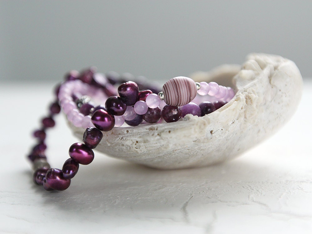 Purple Gemstone Bracelet Set - Stacking Bracelets / Pearl Bracelet, Jade Bracelet, Lepidolite Bracelet / Bohemian Bracelets