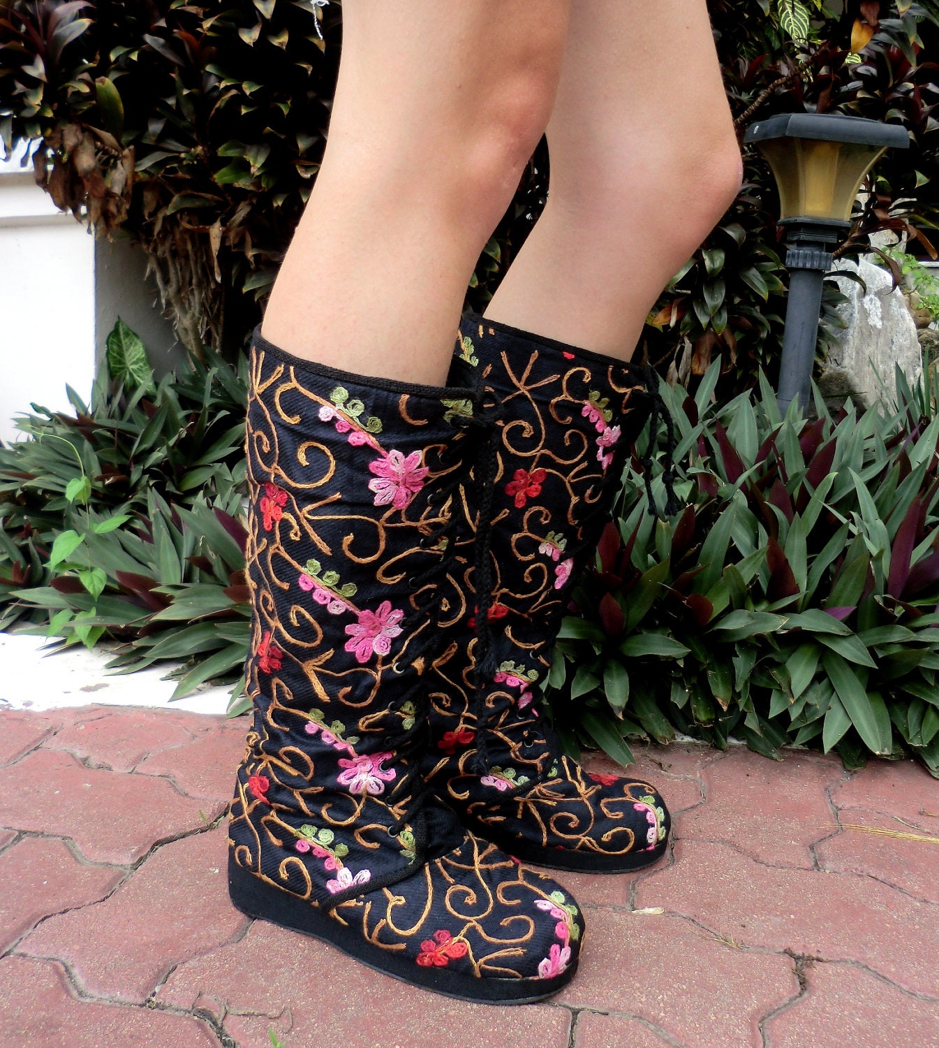 Black Floral Womens Vegan Anja Boot, Embroidered Lace Up Knee High Wedge Heel, Sizes 6 or 7