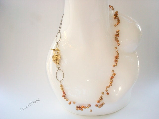 Necklace - Illusion - Hand Knotted - Bronze Freashwater Pearls - Leaf Toggle Clasp - Antique Bronze -  Free Shipping in USA