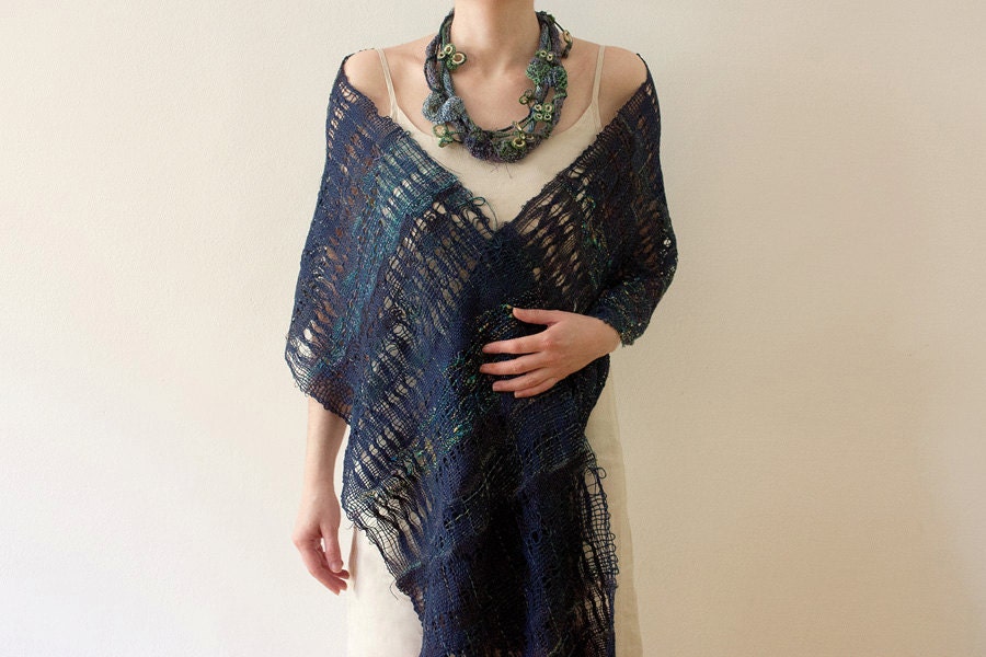 Knitted statement necklace with bamboo beads, blue green, OOAK