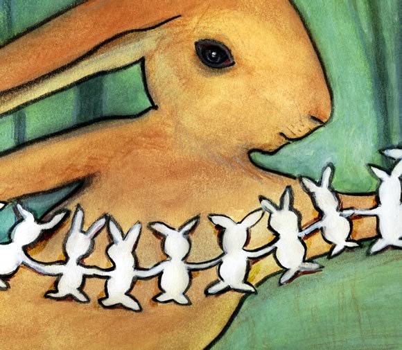Rabbit Rabbit and the Chain of Luck Art Print - yellow and green