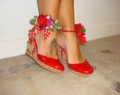 Handmade women red wedge shoes with flowers like Dorothy in the Wizzard of Oz