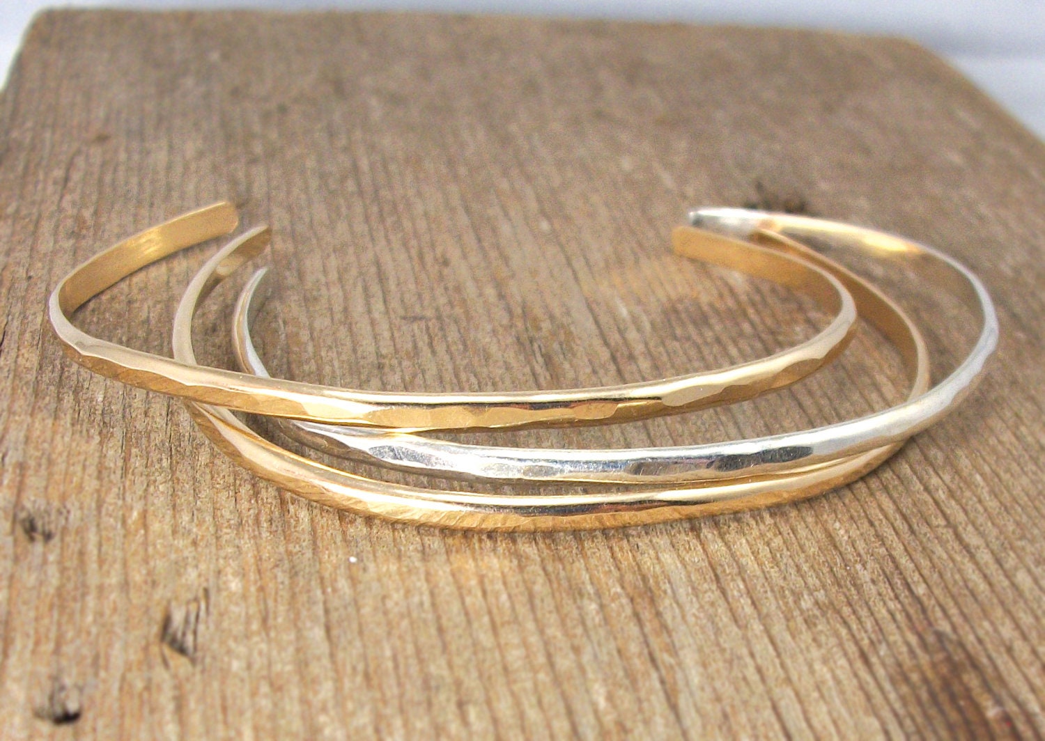 3 Simple Cuffs 14k Gold Fill, Sterling Silver, 14k Rose Gold Fill Hammered Cuff Bracelet, Stacking Cuffs