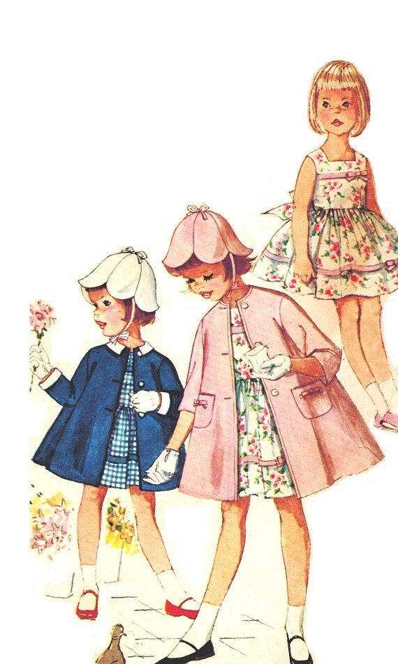 Simplicity 3803 Vintage 60s Toddler Girl's Square Neck Dress - Coat - Tulip Hat - Detachable Collar Sewing Pattern Size 1