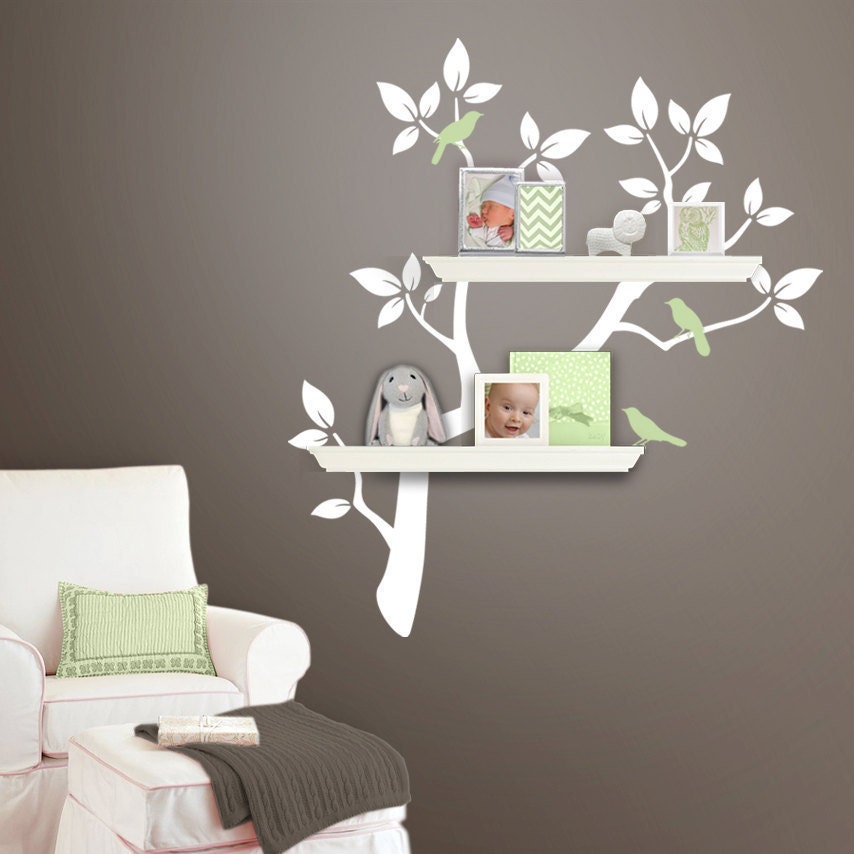 Children Wall Decal - Tree Branch Decal with Birds for Shelving - Shelf Organizer - Baby Nursery Wall Decor - Tree Wall Decals