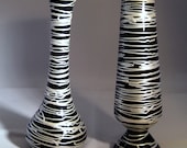 Set of 2 Bud Vases, black vase with pearl swirl design, embossed vase, black and white vase