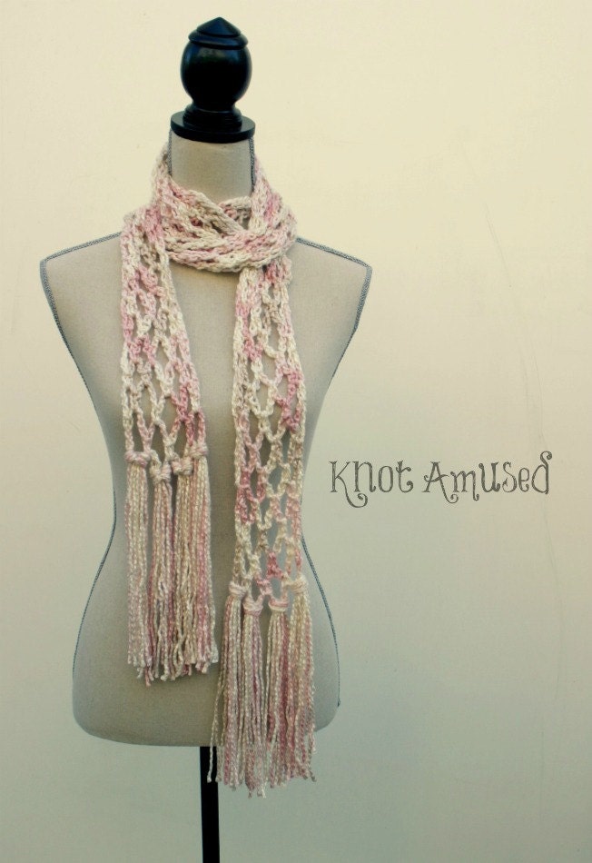 Pink Parfait - Hand Crochet Scarf - Crocheted in Creams & Pink - Silky Bamboo Yarn - Extra Long with Fringe - Romantic Feminine Fashion