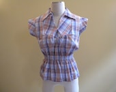 1970s Country Autumn Multi-color Plaid Smocked Tie Back Waist Country Blouse w/ Cap Sleeves Size M