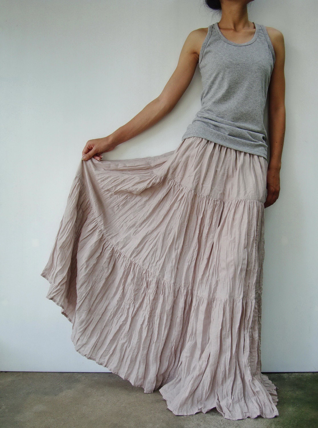 NO.5 Pinkish Grey Cotton, Hippie Gypsy Boho Tiered Long Peasant Skirt