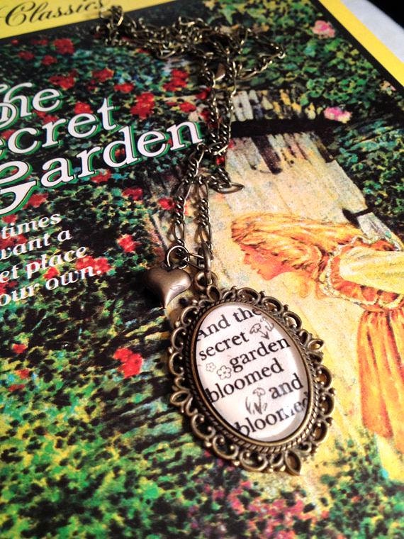 The Secret Garden by Frances Hodgson Burnett Antiqued Bronze or Silver Book Page Literature Necklace