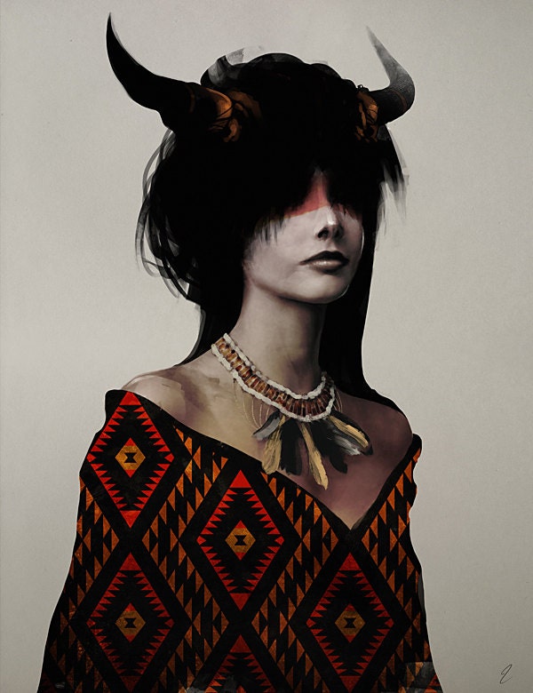 Art Print - Digital Painting - Native American, Pattern, Horns, Animal, Woman, New Age, modern, Spiritual 18 x 24
