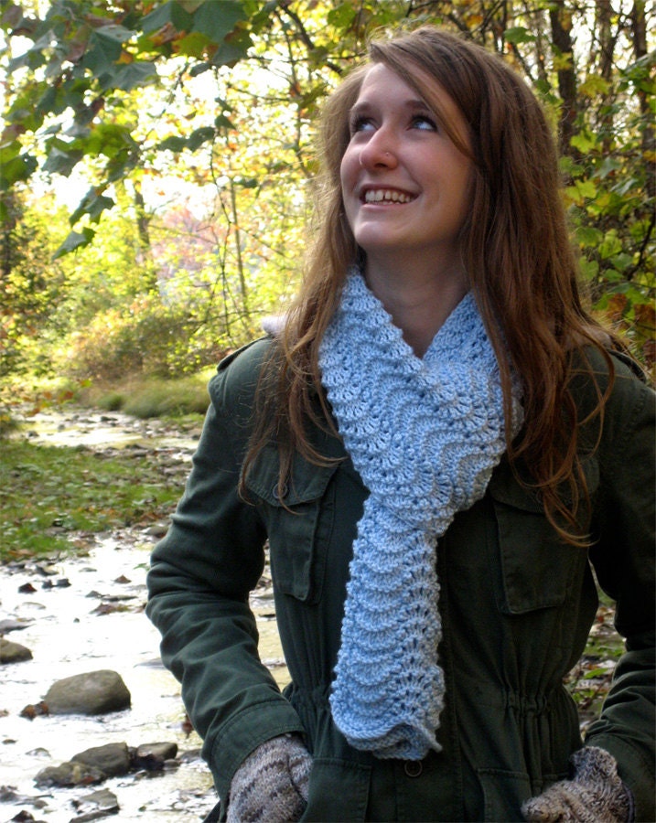 Hand-knitted Scarf for Women and Men - Classic Winter Neckwarmer in Bright Pale Blue:  "Cascade"