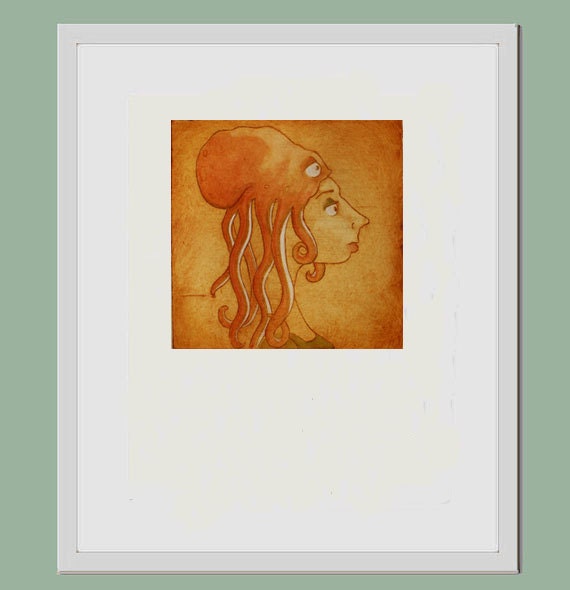Octopus illustration, etching print colored with watercolor