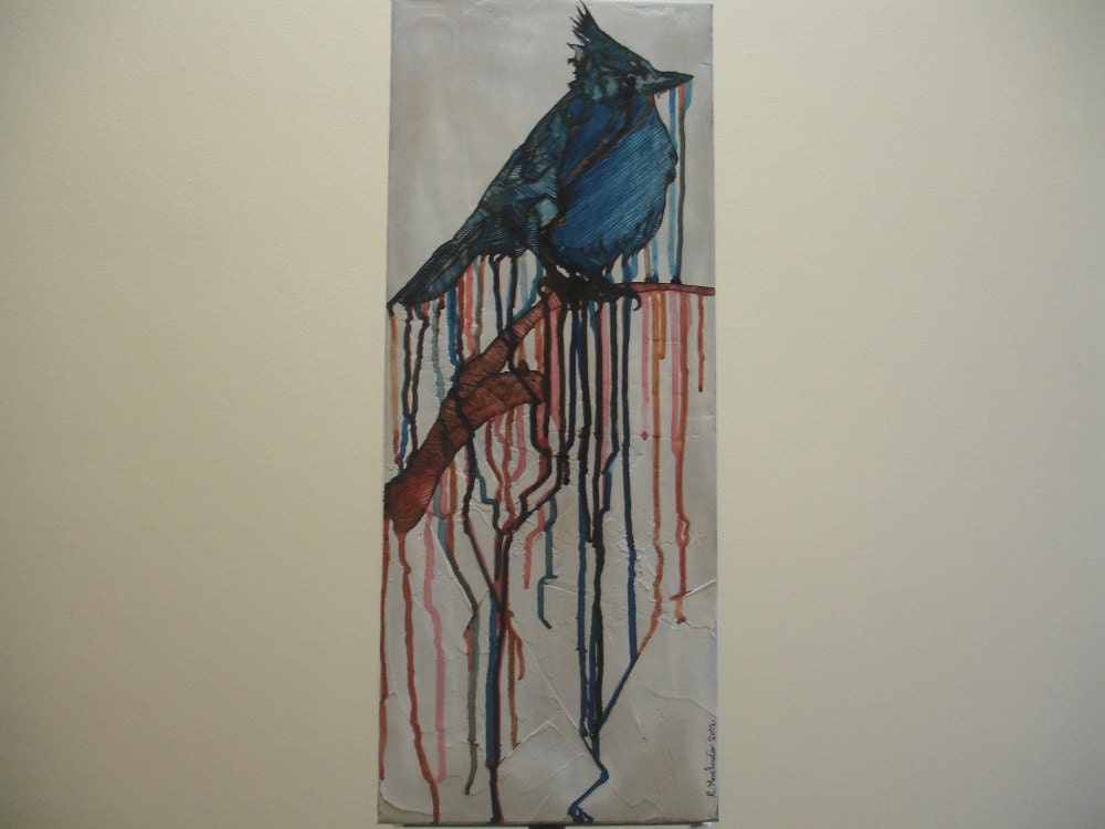 Original bird art sale, blue bird painting sale on canvas by R. Machado