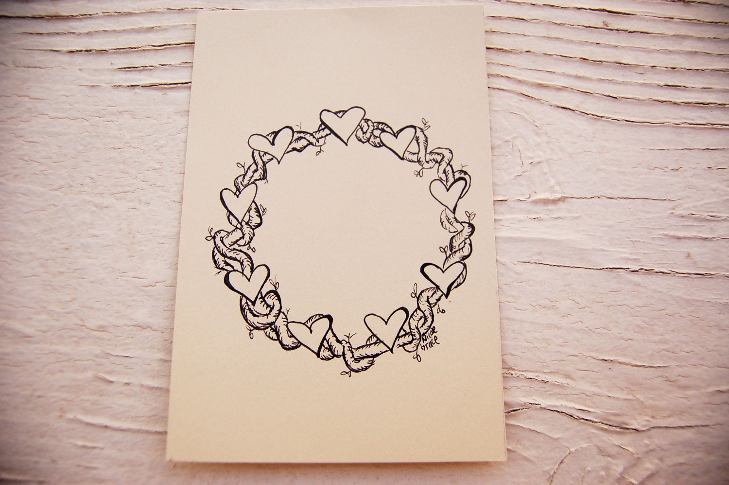 5 Hand drawn Heart Leaf Wreath Postcards - Pack of 5 postcards - Wedding notes - Greeting Card - Love Notes