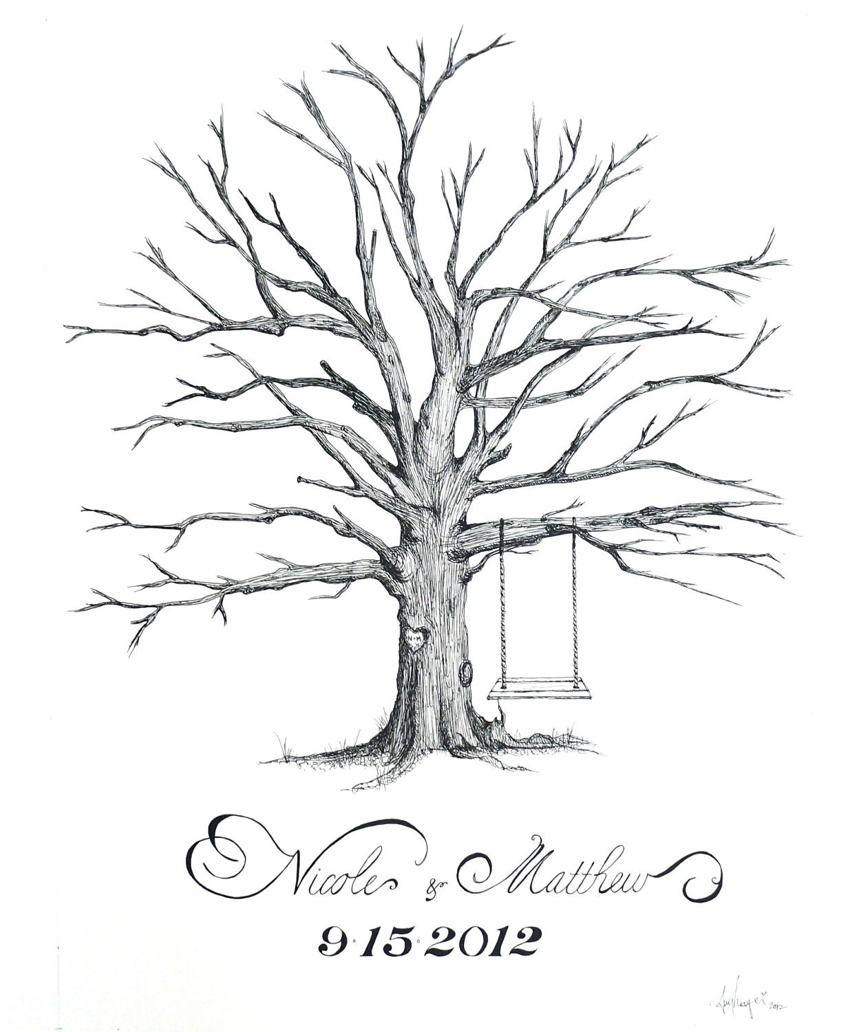 Hand Drawn Medium Thumbprint Tree, Personalized Alternative Guest Book - Wedding, Birthday, Shower, Anniversary, Reunion - MEDIUM -