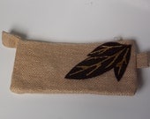 Vintage Inspired Cosmetic Pouch Chocolate Brown Gold Accent Felt Leaves Embellished Natural Burlap Zippered Cosmetic Pouch One of a Kind.